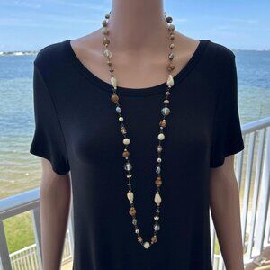 Vintage Necklace Glass Wood Beads Cream Brown Gold Tone 40 Inch Length